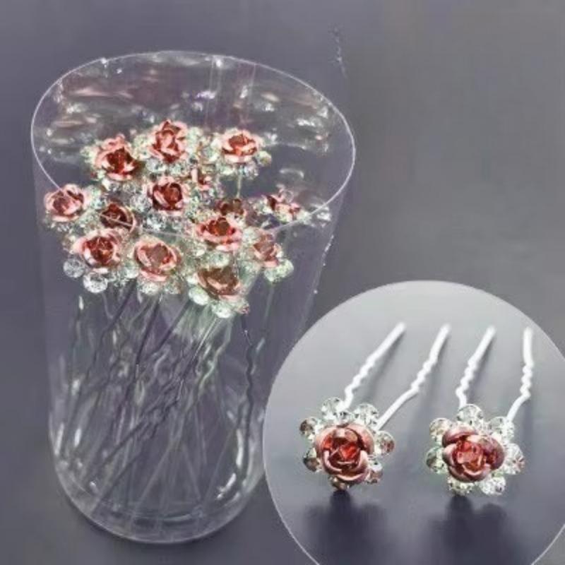 20Pcs/set Women U-shaped Hair Fork Pin Crystal  Rose Flower Hair Clips Rhinestone Hair Stick Wedding Bridal Jewelry Headwear Gift