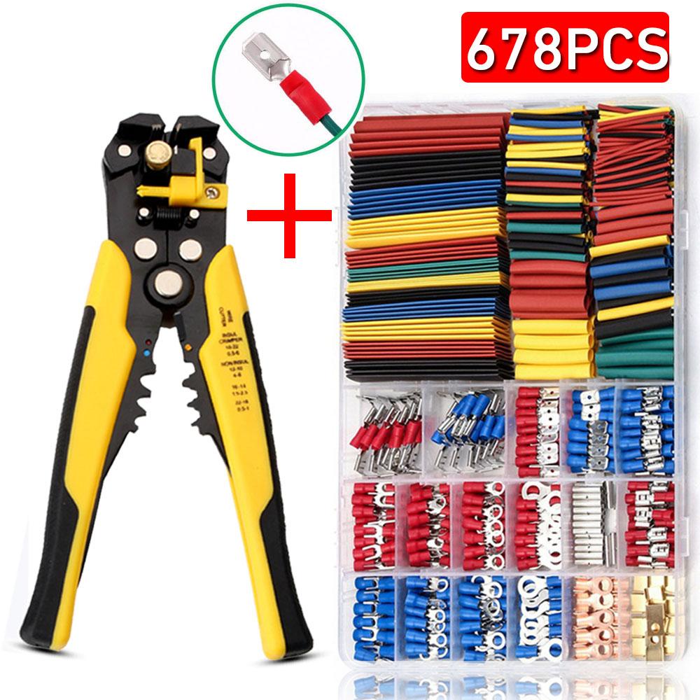 678PCS Heat Shrink Tube Sleeving Set Car Electrical Wire Terminals Insulated Ring Fork Set Ring Lugs Rolled Crimp with Pliers