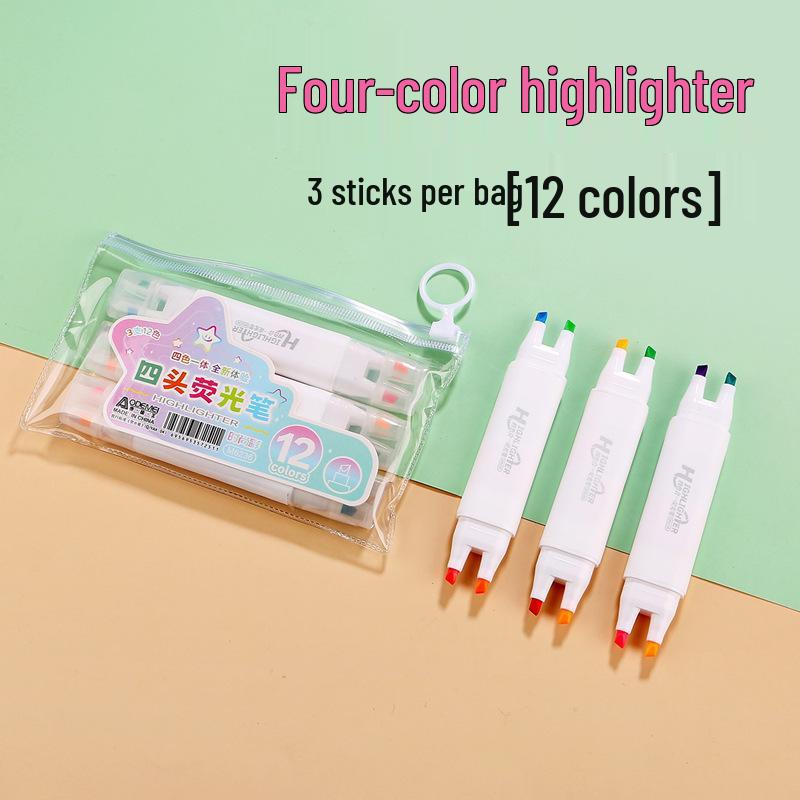 

Fluorescent Highlighter Set: 12 Colors, 3-Piece, Creative Four-Head Design for Notes, Planners, and Doodling. Slanted Tip [3 Pieces/Bag]