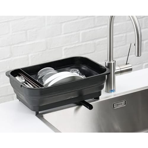 BLKP. Pearl Metal Dish Drainer Basket Rack with Tray, Foldable, Movable Drain Nozzle, Compact Storage, Made in Japan, Black