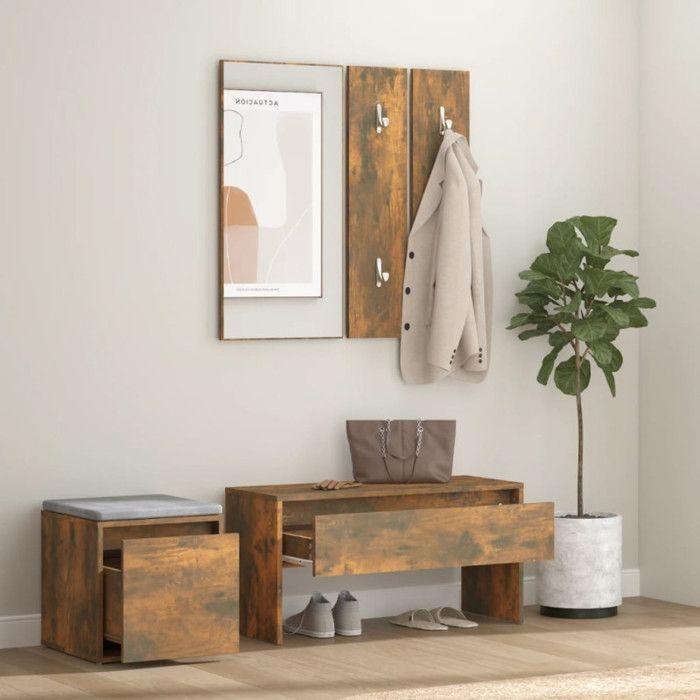 VidaXL Hallway Furniture Set Entry Bench Mirror Coat Rack Panel Cloakroom Set Smoked Oak Wood 3120194