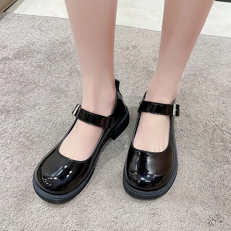 preppy style patent leather Women's leather shoes Low Heel Round Toe Mary Jane Single Shoes with Ankle Buckle Leather Shoes