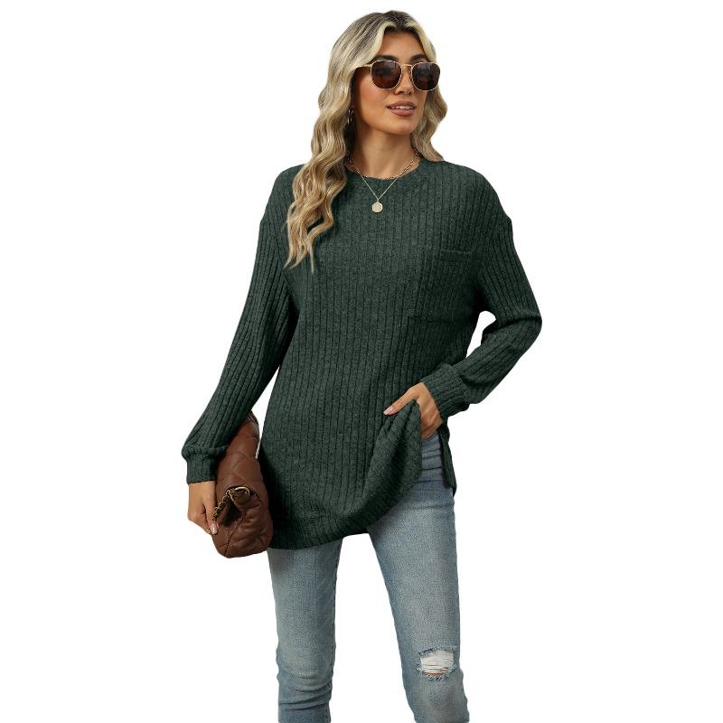 Autumn Winter Round Neck Pocket Hem Slit Loose T-shirt Solid Color Knitwear Pullover Top for Women