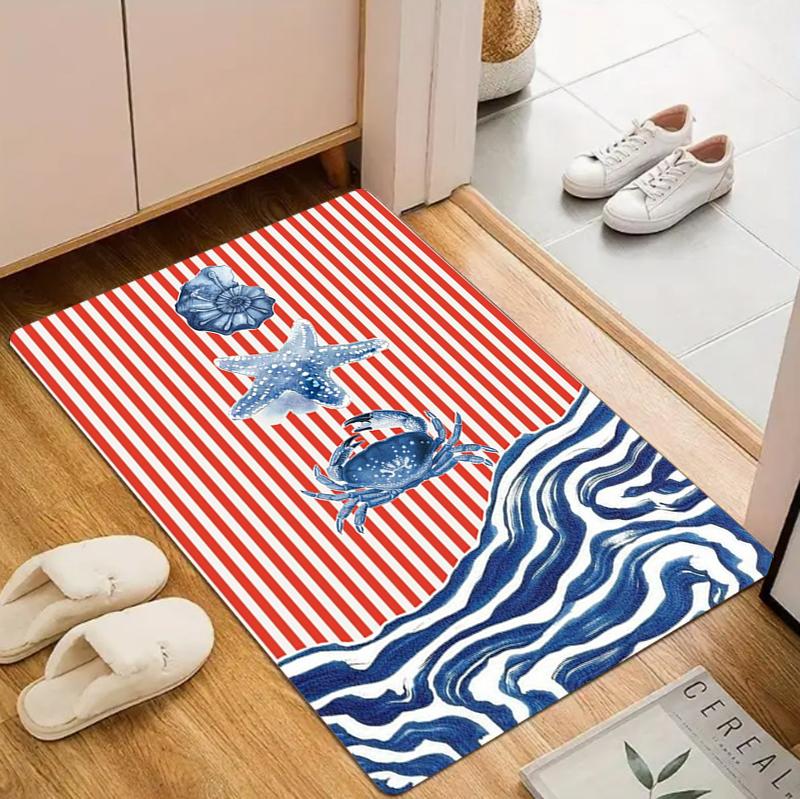Coastal Area Rug Door Mat Timeless Carpet Floor Mat Red White Stripe Sea Creature Print for Entryway Washable Non-Slip Nordic
