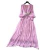 French High-end Temperament Fashion V-neck Lantern Sleeve Strap Waist Streamer Chiffon Dress Women's Elegant Long Skirt