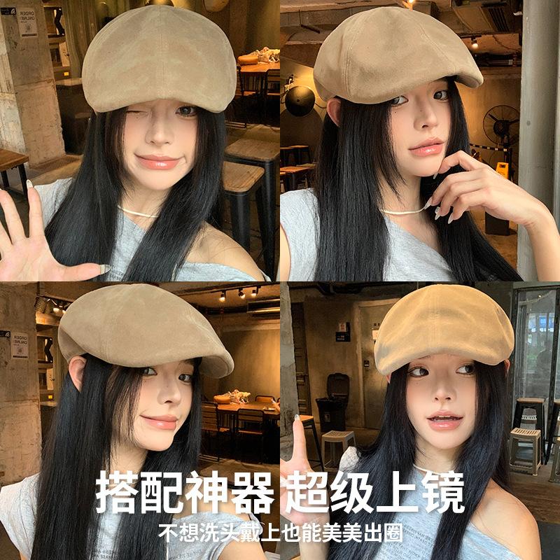 Big head circumference forward hat solid color retro British style newsboy hat women's simple and versatile literary beret shows small face