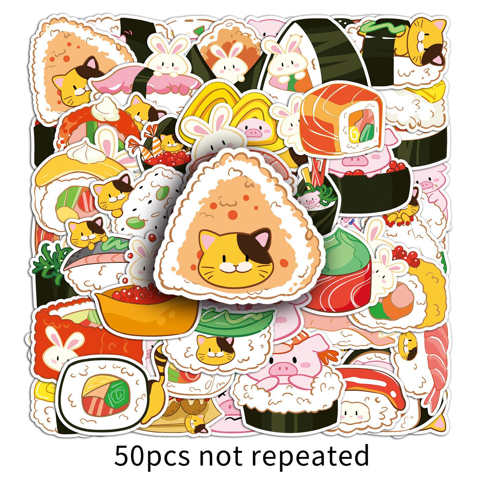 50 Cute Hand-Drawn Sushi Doodle Stickers for Water Bottles and Phones