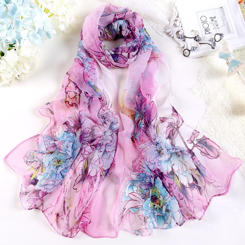 New Summer Korean-Style Peony Women's Long Chiffon Silk Scarf - Sun Protection