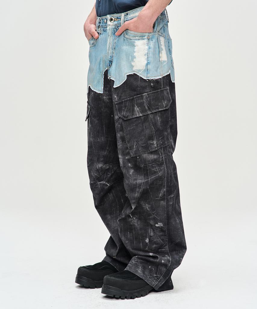 ADSB ANDERSSON BELL Four Denim & Scratch Leather Printed Cargo Pants Apa703M(Denim/Black)