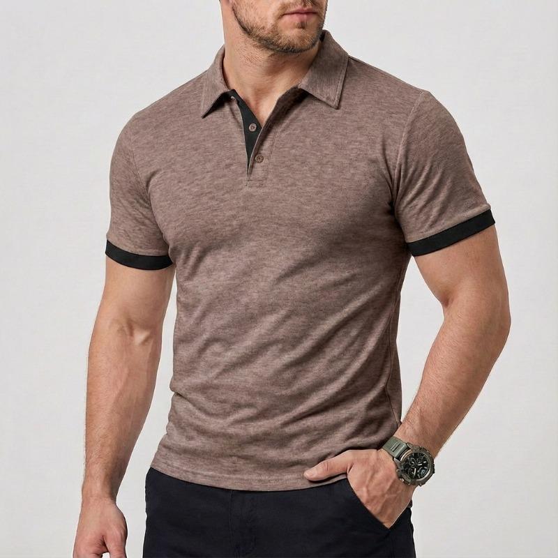 Men Turn Down Collar Short Sleeve Polo Shirt Contrast Cuff Slim Fit Casual Business Daily Tops