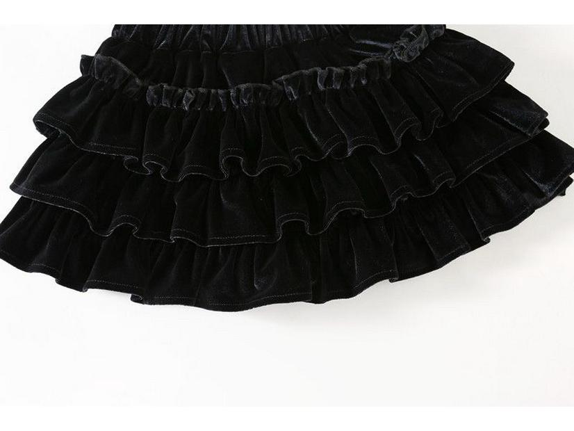 Girls' Black Velvet Layered Puffy Skort - Princess Style, Anti-Exposure, Spring/Autumn Korean Edition