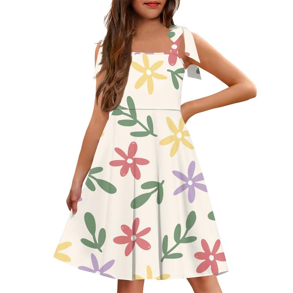 Barnejumpsuit uten mansjetter, lomme, firkantet hals, avslappet, blomstermønstret kjole