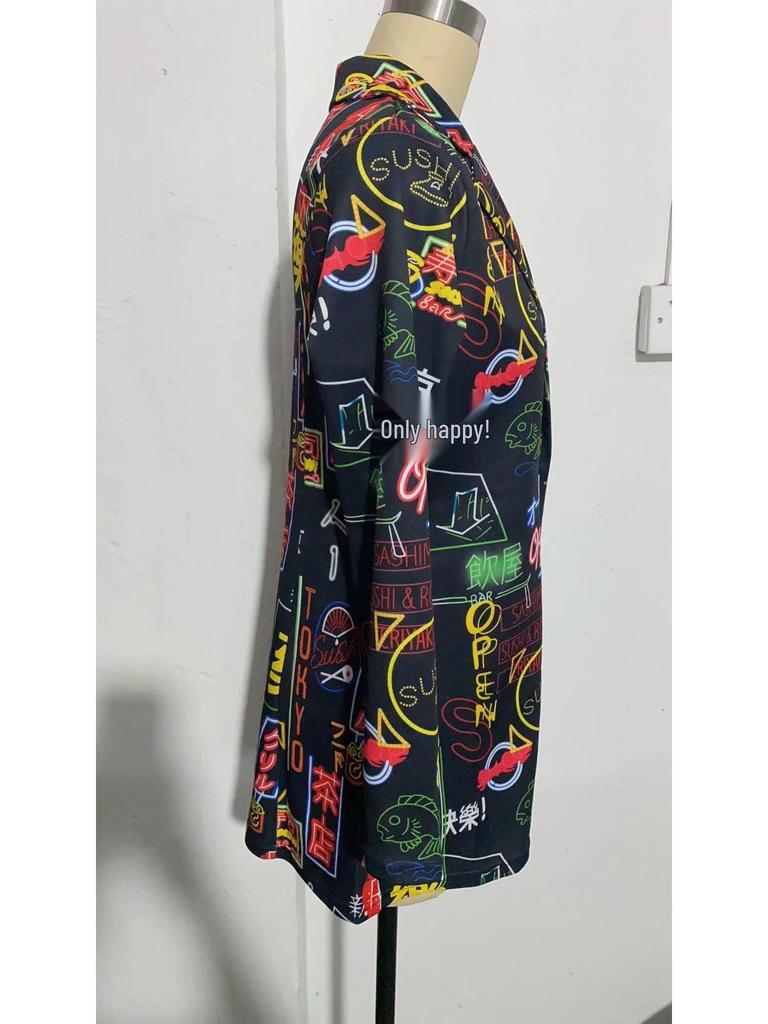 European & American Women's Mid-Length Printed Casual Blazer - Spring/Autumn 2024 Fashion