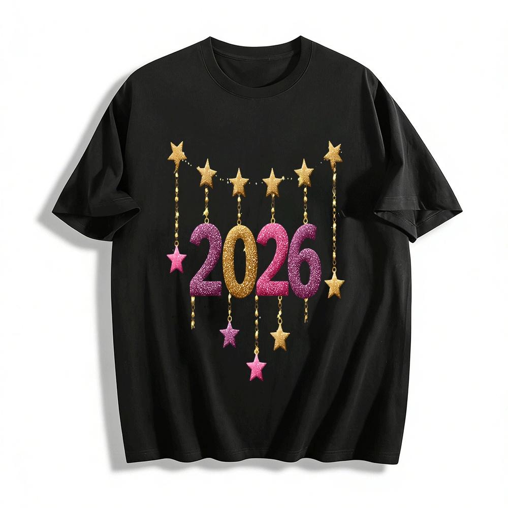

2026 New Year Glitter Star Number Print Casual Top Pure cotton T-shirt XXS