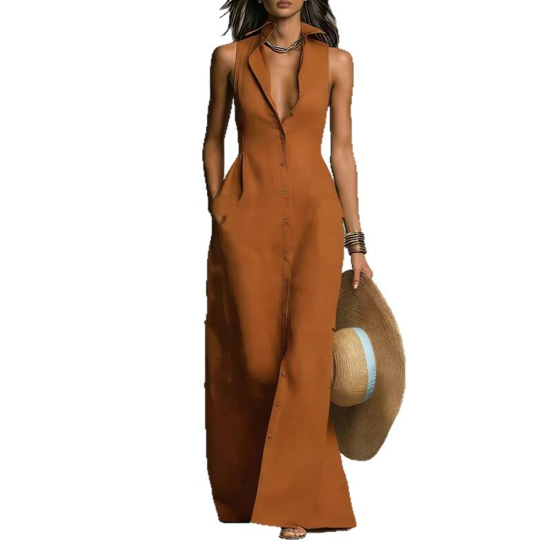 Women Sleeveless Lapel Shirt Maxi Dress Front Button Down Long Dress Summer Casual Vacation Dress
