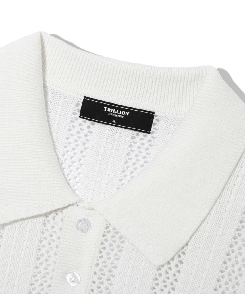 TRILLION Striped Curly Button Collar Short Sleeve Knit [Ivory]