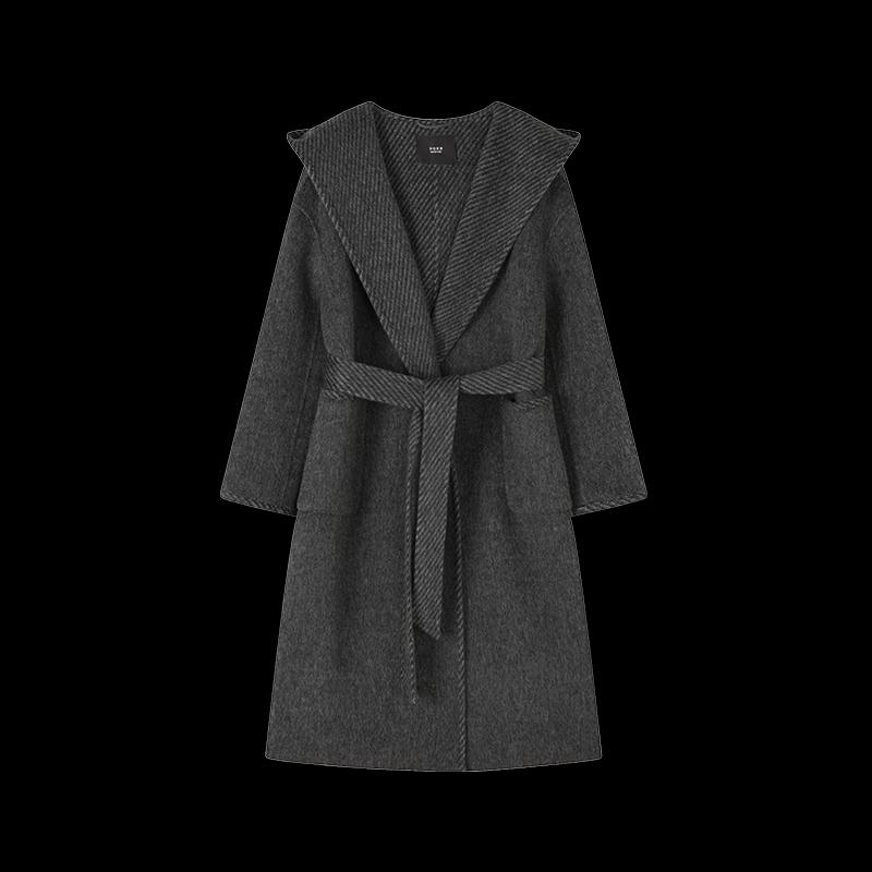 Mohan Yimei Women's Elegant Grey Twill Double-Sided Hooded Wool Robe Coat