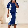 Women Plus Size Blue White Printed Two Piece Set Round Neck Batwing Short Sleeve Ruffle Hem Top Fishtail Skirt