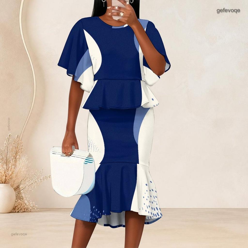 Women Plus Size Blue White Printed Two Piece Set Round Neck Batwing Short Sleeve Ruffle Hem Top Fishtail Skirt