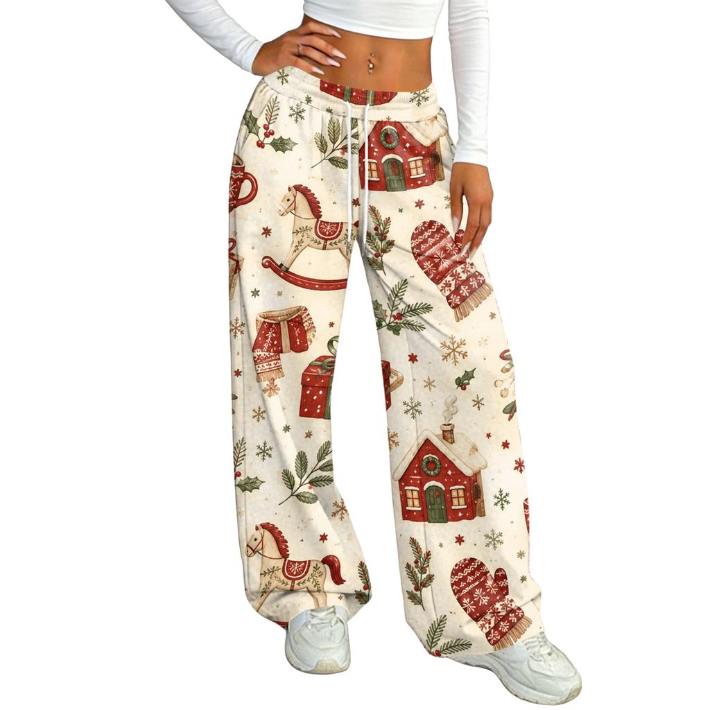 Women's Casual Christmas Print -Lined Loose Fit Straight Leg Pants with and Elastic Waistband
