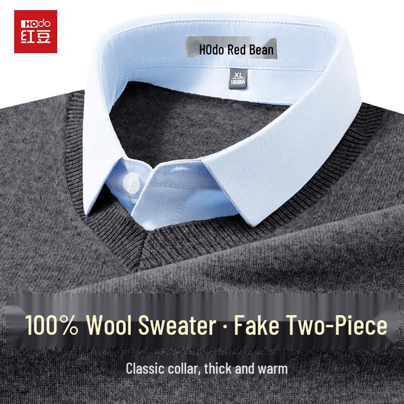 Hodo Men's 100% Wool Faux Two-Piece Shirt Collar Sweater