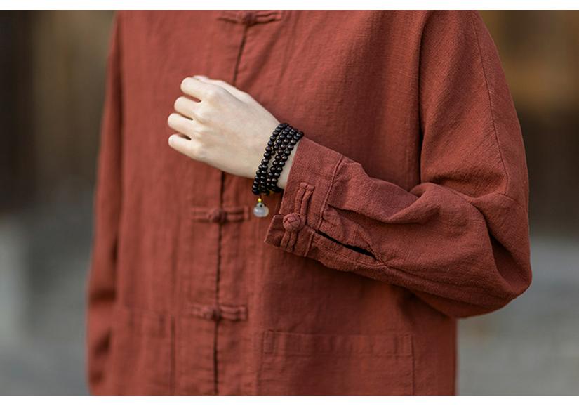 Chaqueta de Manga Larga Estilo Chino de Algodón y Lino para Mujer 2026 con Cuello Alto y Botones de Rana