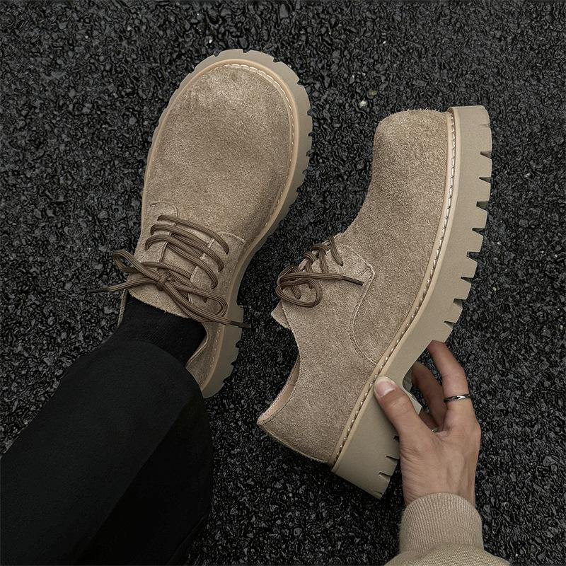 Big head Derby shoes men's thick-soled heightened low-top rhubarb boots retro commuter casual leather shoes-J