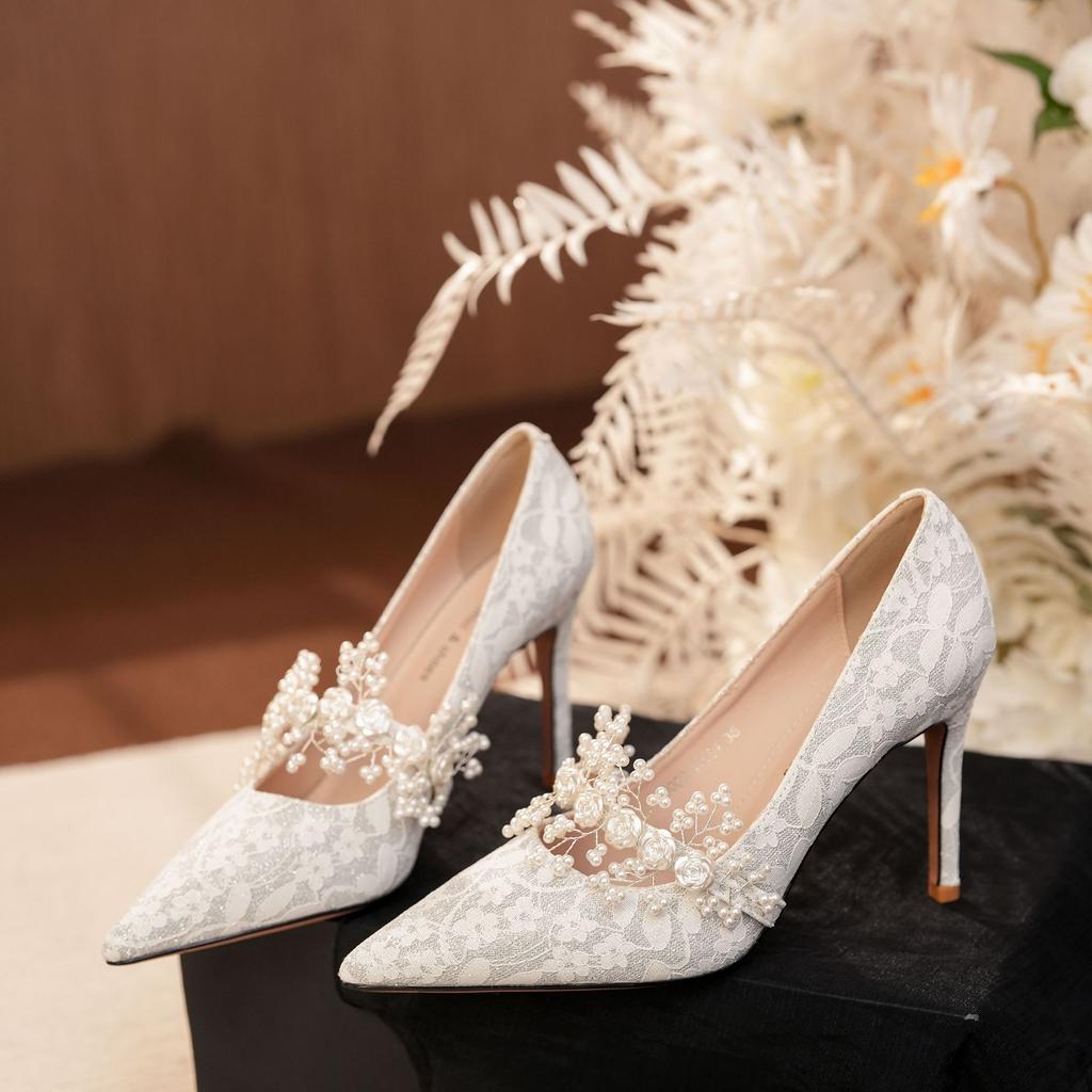 Xibeilove  Fashionable Autumn Women's Pumps Shallow Silk Satin Lace Flower High Heels Wedding Banquet Dress Shoes