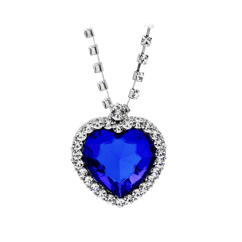 Fashion Heart Pendant Necklace for Women Elegant Blue Red Crystal Heart Charm Necklace Sweater Chain Movie Accessories Jewelry