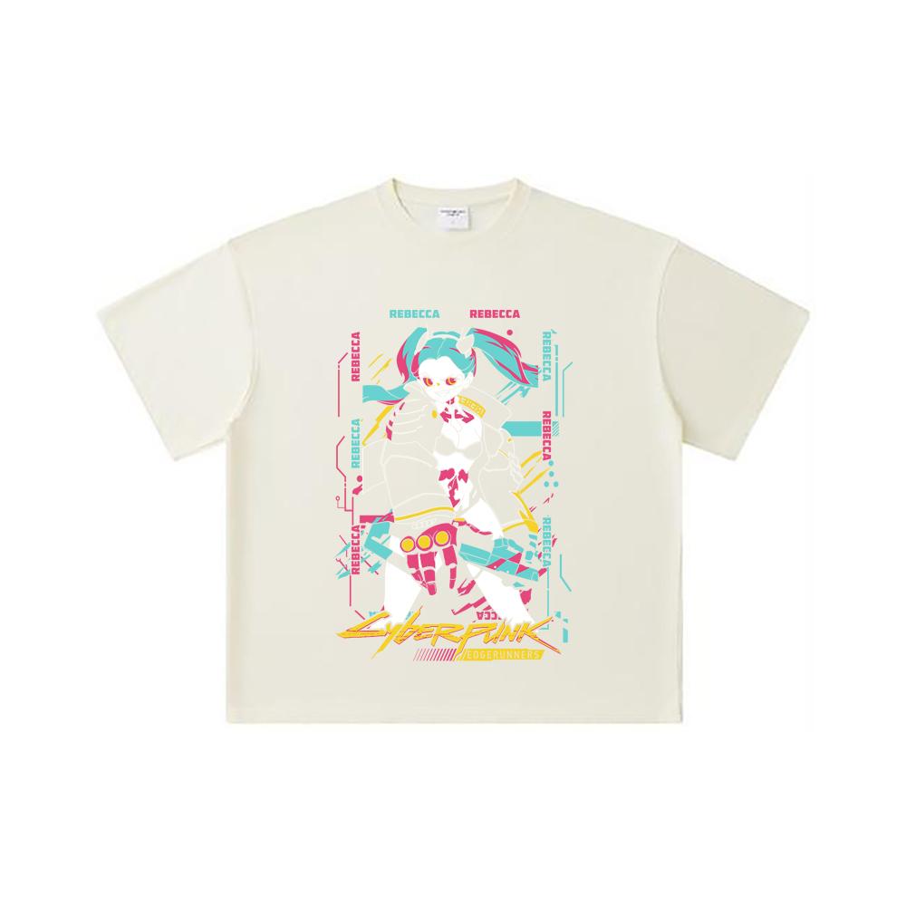260 GSM Doppelgarn 32er Zählart 100% Baumwolle Cyberpunk Edgerunners V2 Rebecca Druck Unisex Schweres Baumwoll-T-Shirt