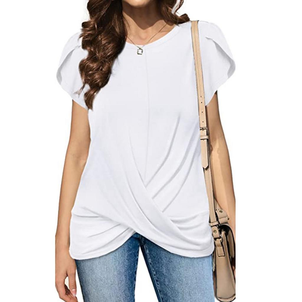 Women's Solid Color Twist Knot Crew Neck Short Sleeve T-Shirt, Popular Casual Top for European American Women Crossborder Fashion
