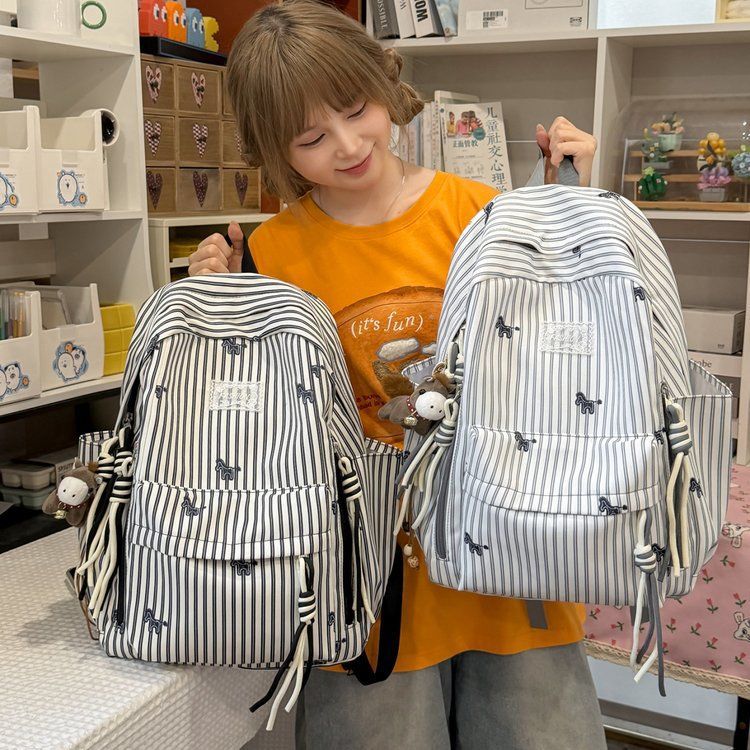 Schoolbag small fresh striped backpack women's 1011 new trendy simple casual light large capacity student class bag
