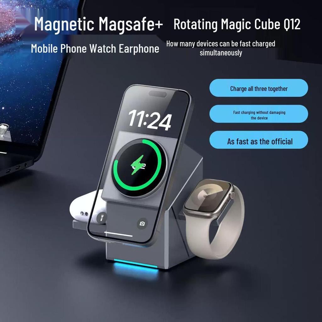 R28 3-in-1 Rotating Magnetic Wireless Charger for Apple Watch, iPhone, and Fast Charging Stand