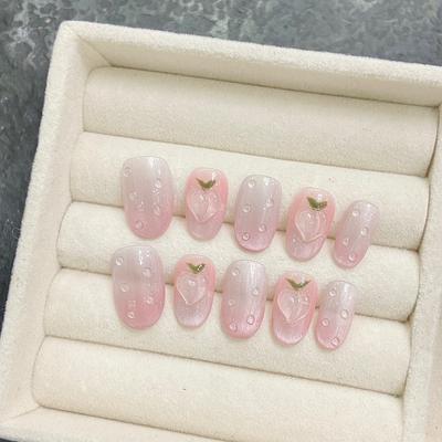 HANDMADE Artificial Nail Icy Peach Pure Desire Blush Girly Pink Short Style Phototherapy Nails Fake Nails Reusable and Removable Nails