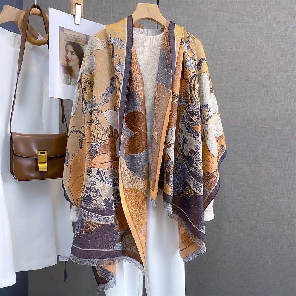 Luxury Warm Scarf For Women 70*185cm Tassel Shawl Imitation Cashmere Floral Pashmina Warps Autumn/Winter Coldproof Blanket