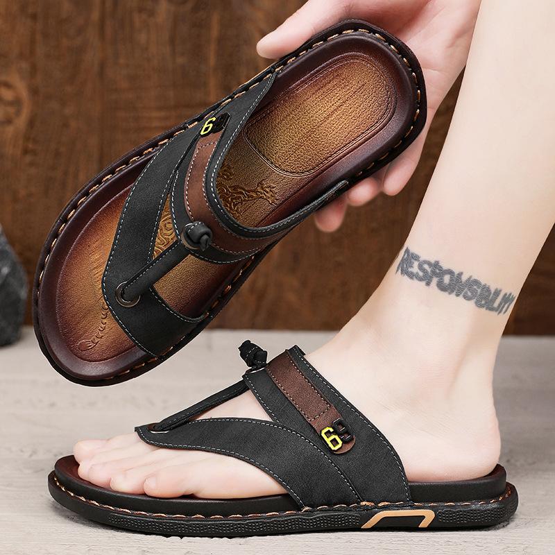 

Модные мужские кожаные шлепанцы Удобные домашние тапочки Дышащая резиновая подошва Для дома и улицы Летние сандалии 38 чёрный