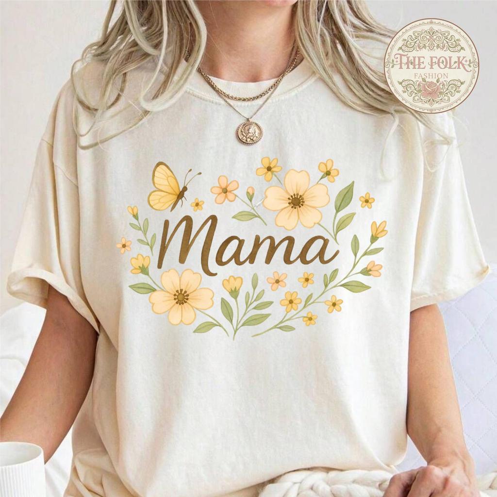 Mama Floral Shirt, Yellow Wildflower Mama Tee, Aesthetic Mother's Day Gift, Comfort Colors Mama Butterfly Tshirt, Botanical Gift for Mom