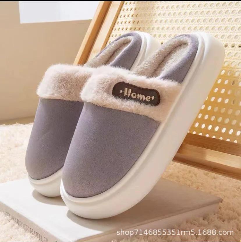 

Fashion Casual Fluffy Slippers Women House Winter Plush Designer Shoes Ladies Flats Home Warm Fashion Elegant Platform Footwear Big Size 44-45 серый