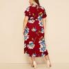 Women's Plus Size Printed Midi Dress - Round Neck, Short Sleeve, Waist-Cinched, European American Style
