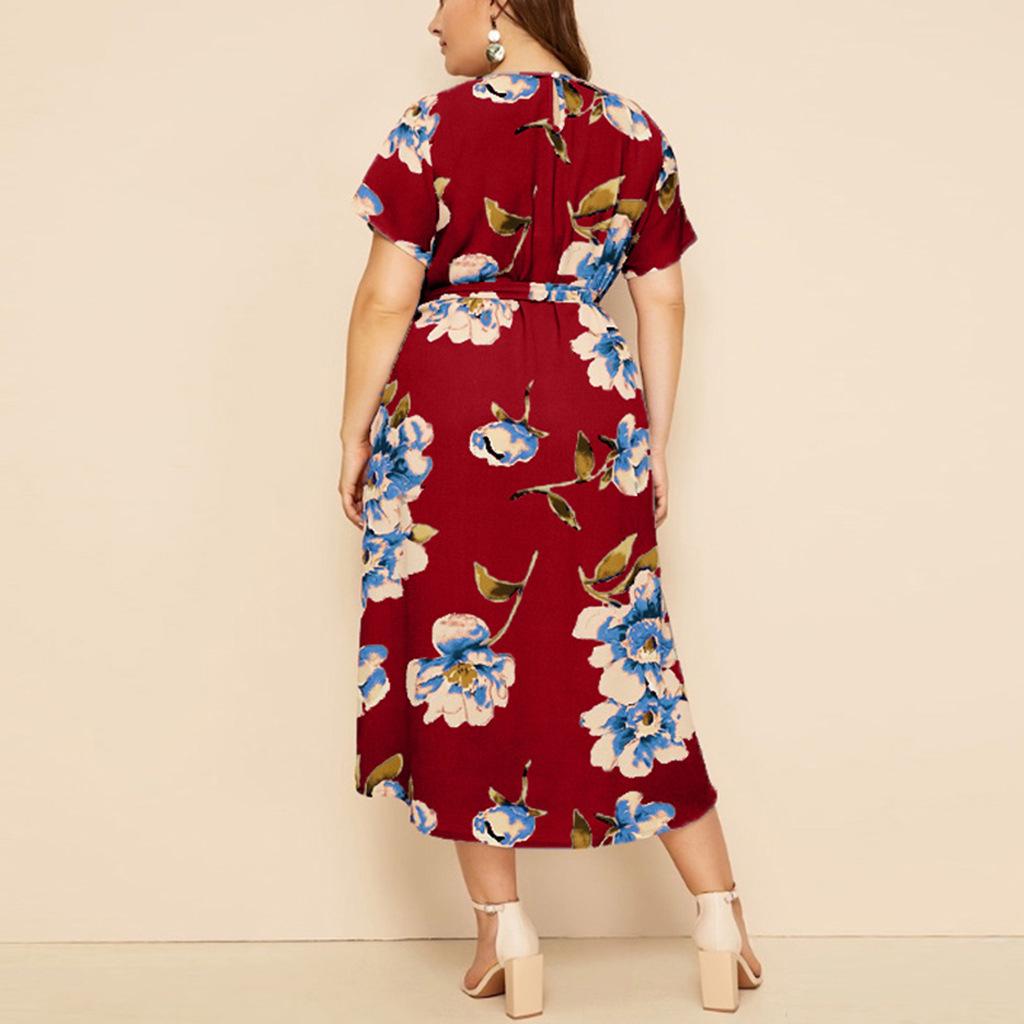 Women's Plus Size Printed Midi Dress - Round Neck, Short Sleeve, Waist-Cinched, European American Style