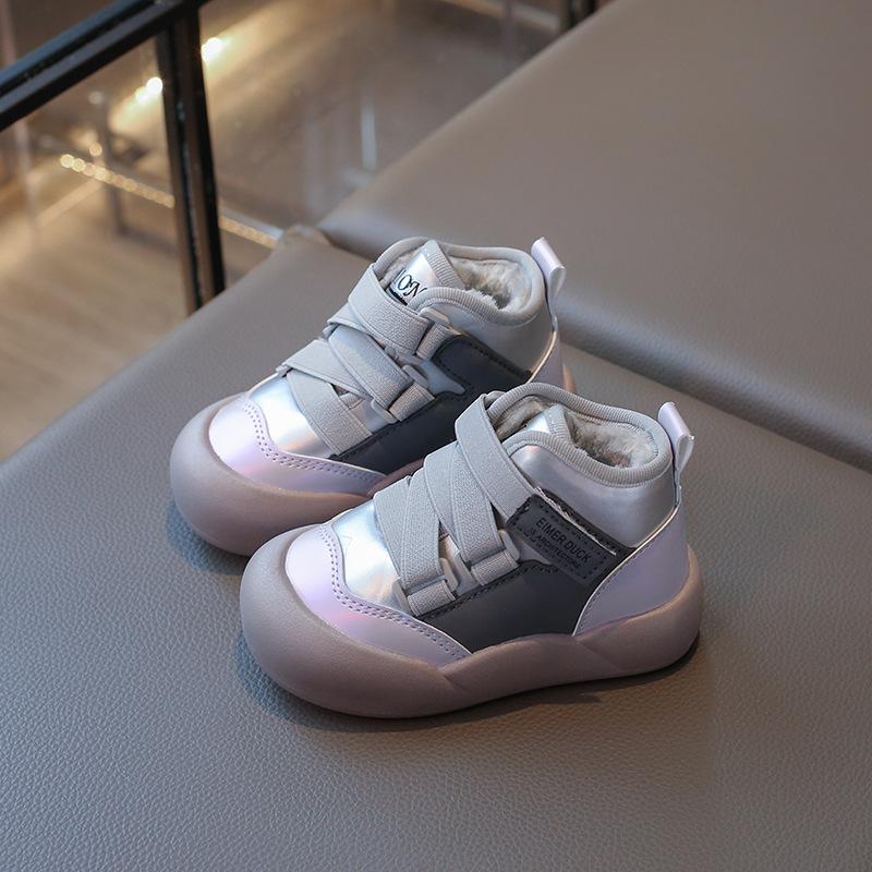 Children's mid-high-top fleece-lined thickened cotton shoes, winter leather sneakers for boys, stylish sports shoes, warm shoes for girls