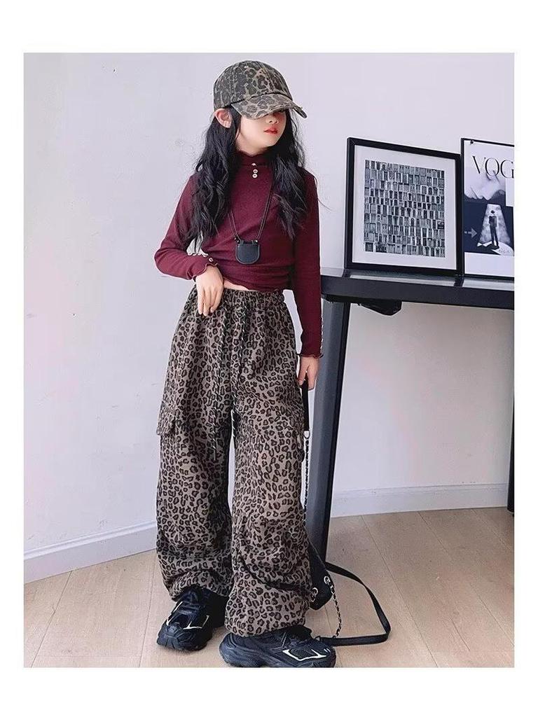 2025 Spring/Autumn Girls' Leopard Print Cargo Pants - Trendy Loose Wide-Leg Street Dance Style for Kids