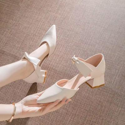 Baotou Bow 5cm Pointed Head Hollow High Heels Women's Thick Heel Spring and Summer Temperament Single Shoes Middle Heel