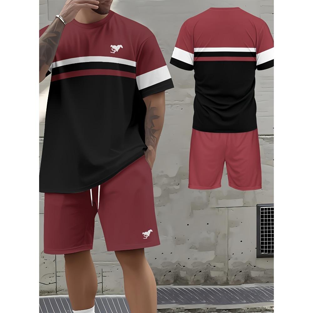 

Men s stylish casual striped print short-sleeved short pants set 6XL