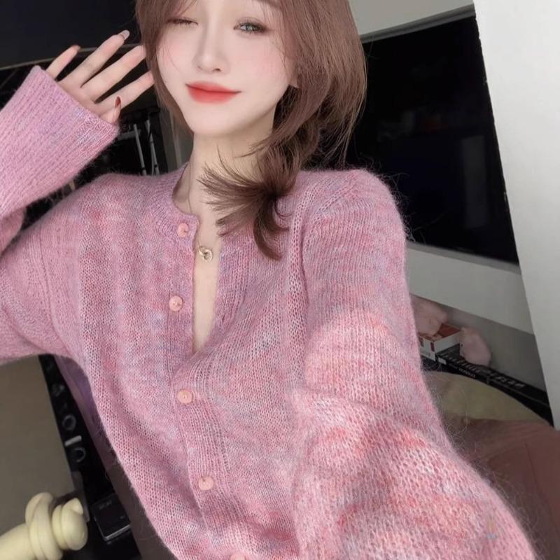 Sweet temperament round neck single-breasted knitted cardigan spring long-sleeved chic unique pink purple sweater jacket