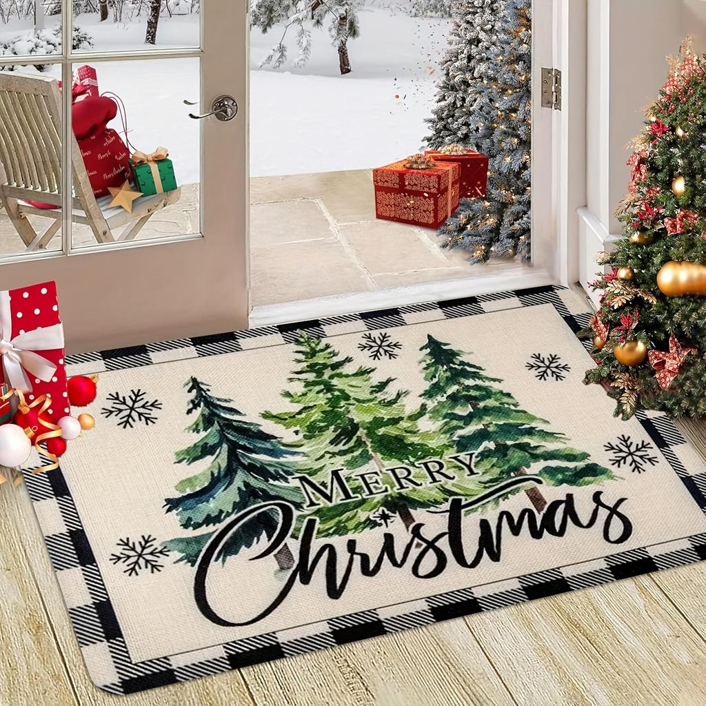Christmas Tree Gift Print Thickened Doormat, Farmhouse Country Style Flannel Rug for Indoor Outdoor Multi-Room Decor