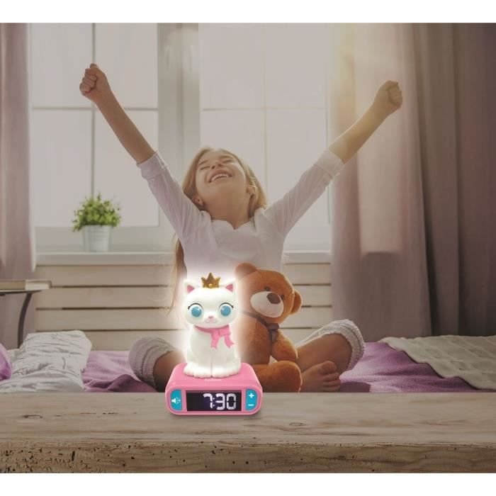 Réveil veilleuse digital lexibook - chat - 3d lumineux et sonore - blanc et rose - enfant