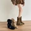 Koreanischer Wildleder-Retro-Small-Square-Head-Zwei-Trage-Falt-Dickabsatz-Gürtelschnalle-Kurzstiefel Damen Herbst- und Winter-Martinstiefel Kurzstiefel