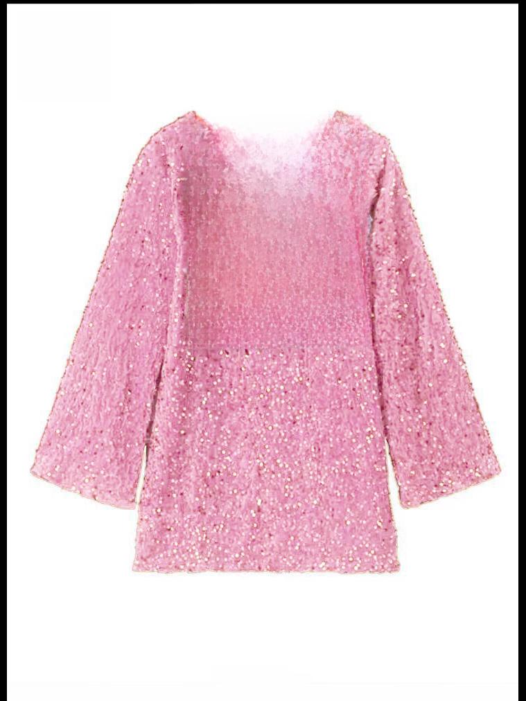2024 Spring Women's Sequin Round Neck Long Sleeve Loose Fit Short Dress