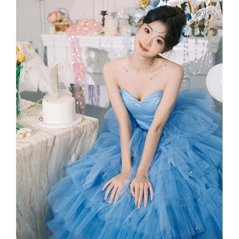 Temperament Tube Top Light Wedding Dress 2025 Question Wedding Dress Blue Birthday Party Indoor Clothing Color Dress